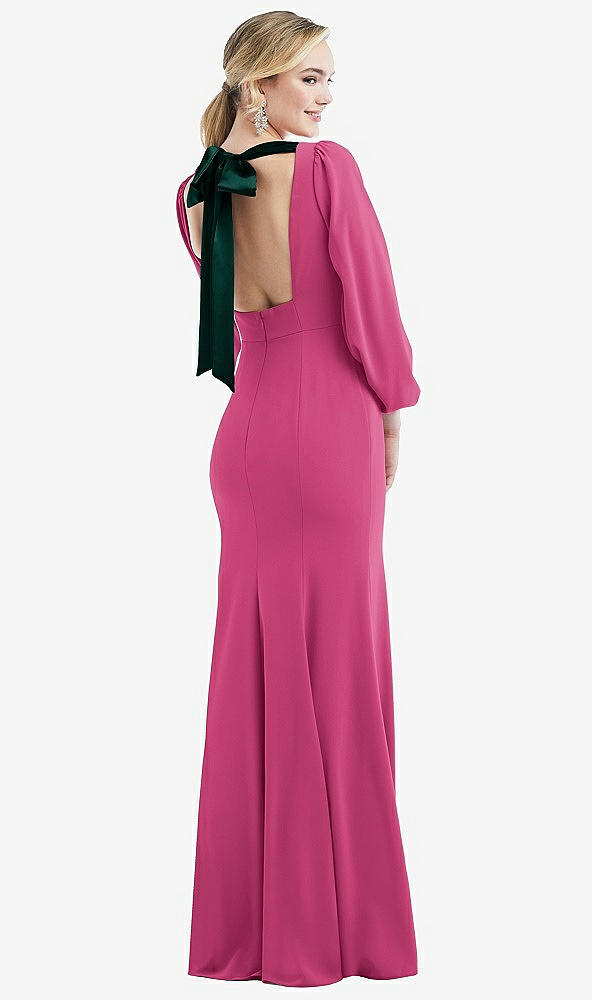 Front View - Tea Rose & Evergreen Bishop Sleeve Open-Back Trumpet Gown with Scarf Tie