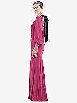 Side View Thumbnail - Tea Rose & Evergreen Bishop Sleeve Open-Back Trumpet Gown with Scarf Tie