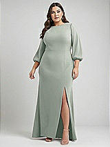 Alt View 1 Thumbnail - Willow Green & Evergreen Bishop Sleeve Open-Back Trumpet Gown with Scarf Tie
