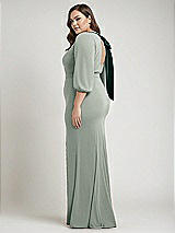 Alt View 2 Thumbnail - Willow Green & Evergreen Bishop Sleeve Open-Back Trumpet Gown with Scarf Tie