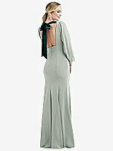Front View Thumbnail - Willow Green & Evergreen Bishop Sleeve Open-Back Trumpet Gown with Scarf Tie