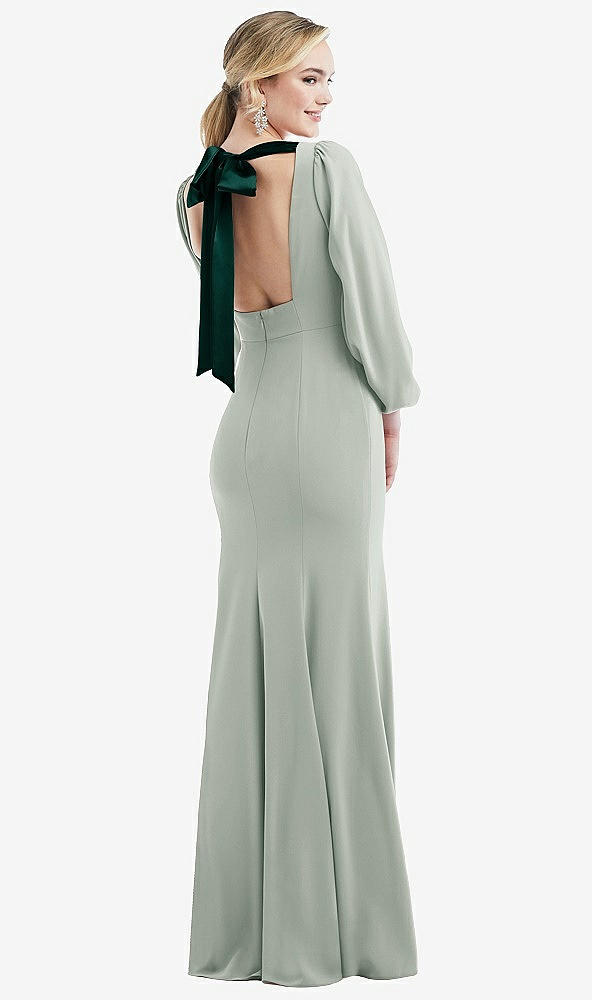 Front View - Willow Green & Evergreen Bishop Sleeve Open-Back Trumpet Gown with Scarf Tie