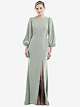 Rear View Thumbnail - Willow Green & Evergreen Bishop Sleeve Open-Back Trumpet Gown with Scarf Tie