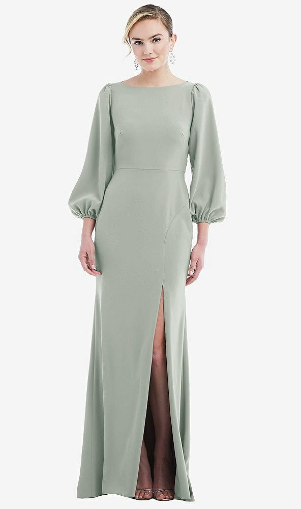 Back View - Willow Green & Evergreen Bishop Sleeve Open-Back Trumpet Gown with Scarf Tie