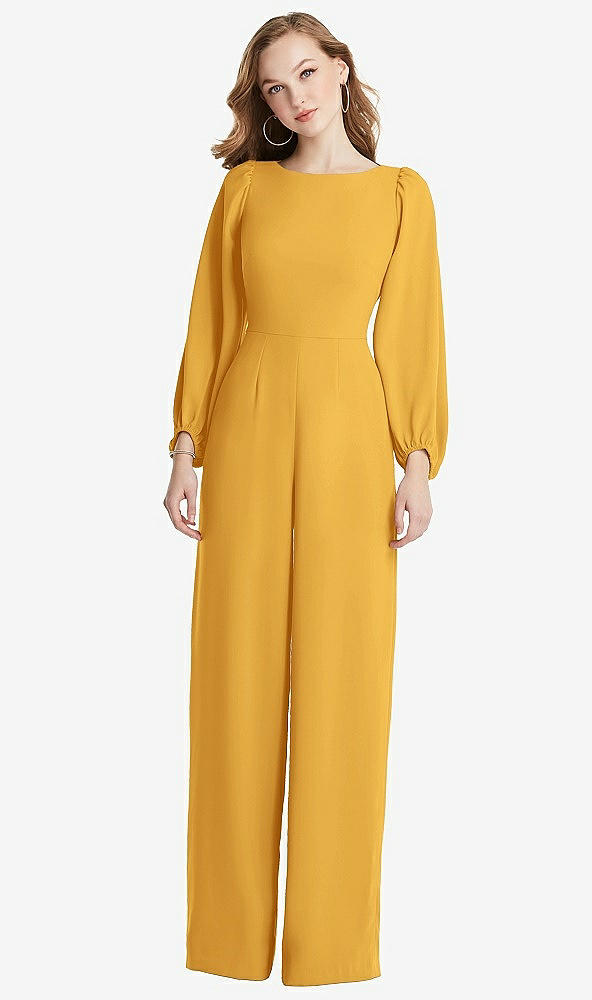 Back View - NYC Yellow & Desert Rose Bishop Sleeve Open-Back Jumpsuit with Scarf Tie