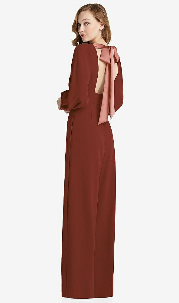 Front View - Auburn Moon & Desert Rose Bishop Sleeve Open-Back Jumpsuit with Scarf Tie