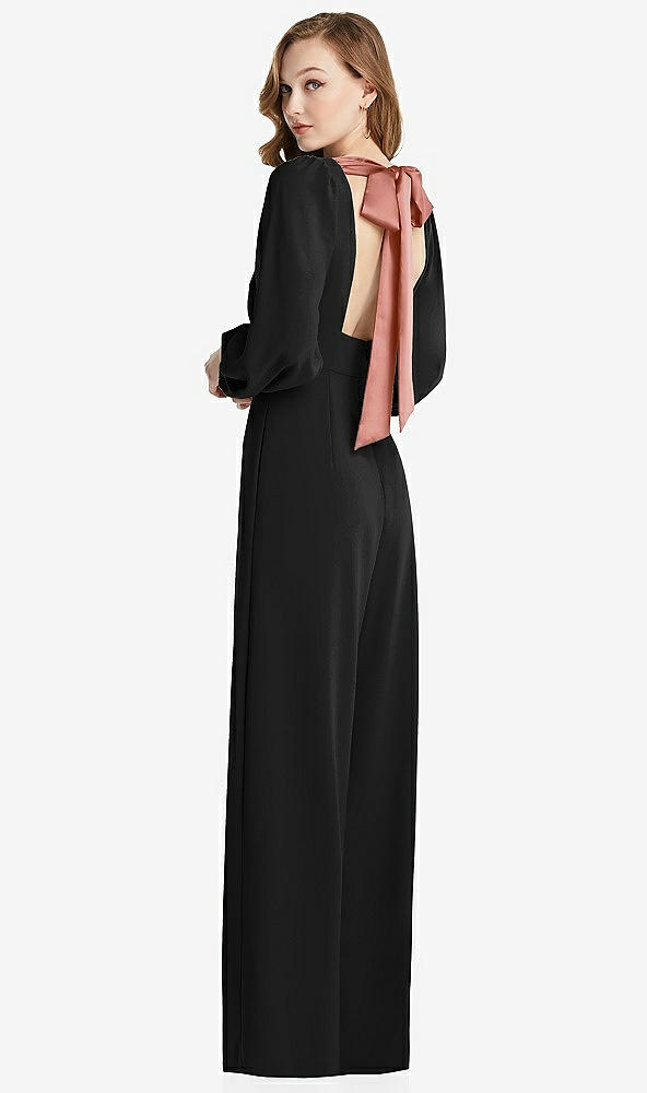 Front View - Black & Desert Rose Bishop Sleeve Open-Back Jumpsuit with Scarf Tie