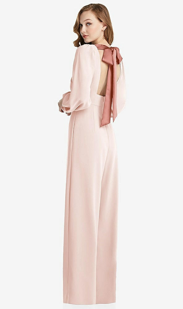 Front View - Blush & Desert Rose Bishop Sleeve Open-Back Jumpsuit with Scarf Tie