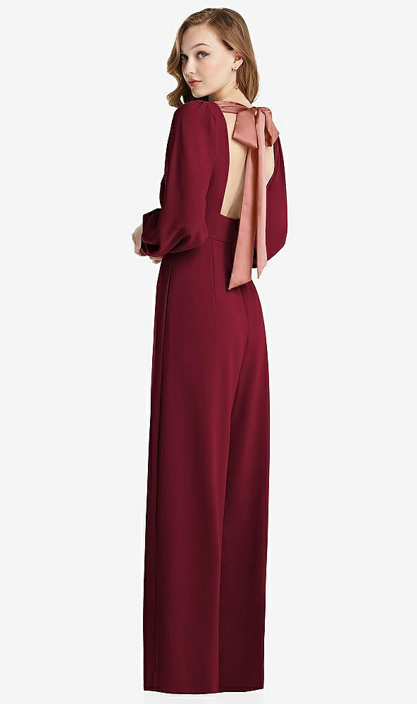 Front View - Burgundy & Desert Rose Bishop Sleeve Open-Back Jumpsuit with Scarf Tie