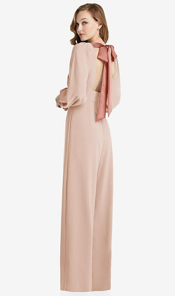 Front View - Cameo & Desert Rose Bishop Sleeve Open-Back Jumpsuit with Scarf Tie