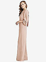 Side View Thumbnail - Cameo & Desert Rose Bishop Sleeve Open-Back Jumpsuit with Scarf Tie