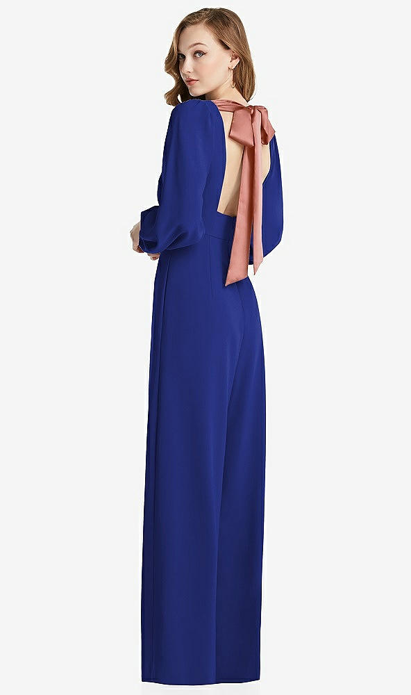 Front View - Cobalt Blue & Desert Rose Bishop Sleeve Open-Back Jumpsuit with Scarf Tie