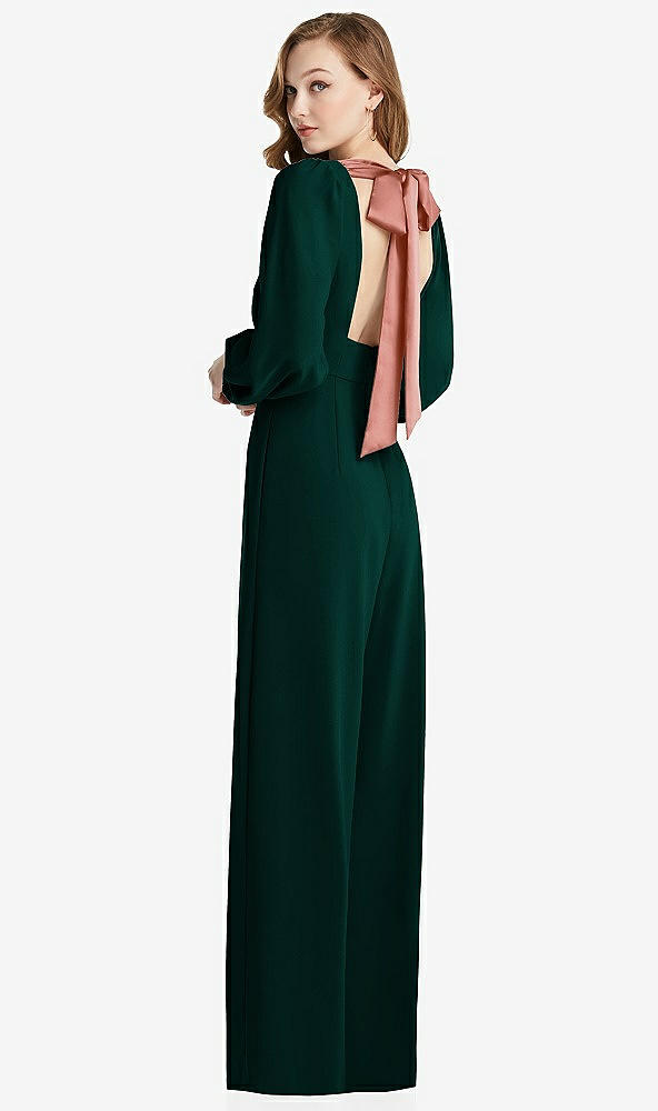 Front View - Evergreen & Desert Rose Bishop Sleeve Open-Back Jumpsuit with Scarf Tie