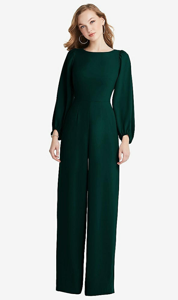 Back View - Evergreen & Desert Rose Bishop Sleeve Open-Back Jumpsuit with Scarf Tie