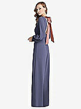 Alt View 1 Thumbnail - French Blue & Desert Rose Bishop Sleeve Open-Back Jumpsuit with Scarf Tie