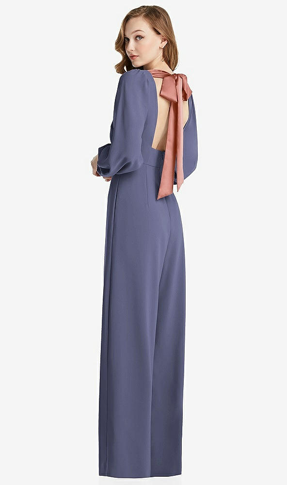 Front View - French Blue & Desert Rose Bishop Sleeve Open-Back Jumpsuit with Scarf Tie