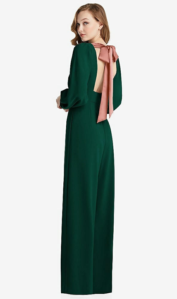 Front View - Hunter Green & Desert Rose Bishop Sleeve Open-Back Jumpsuit with Scarf Tie