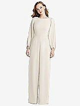 Rear View Thumbnail - Ivory & Desert Rose Bishop Sleeve Open-Back Jumpsuit with Scarf Tie