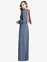 Alt View 1 Thumbnail - Larkspur Blue & Desert Rose Bishop Sleeve Open-Back Jumpsuit with Scarf Tie