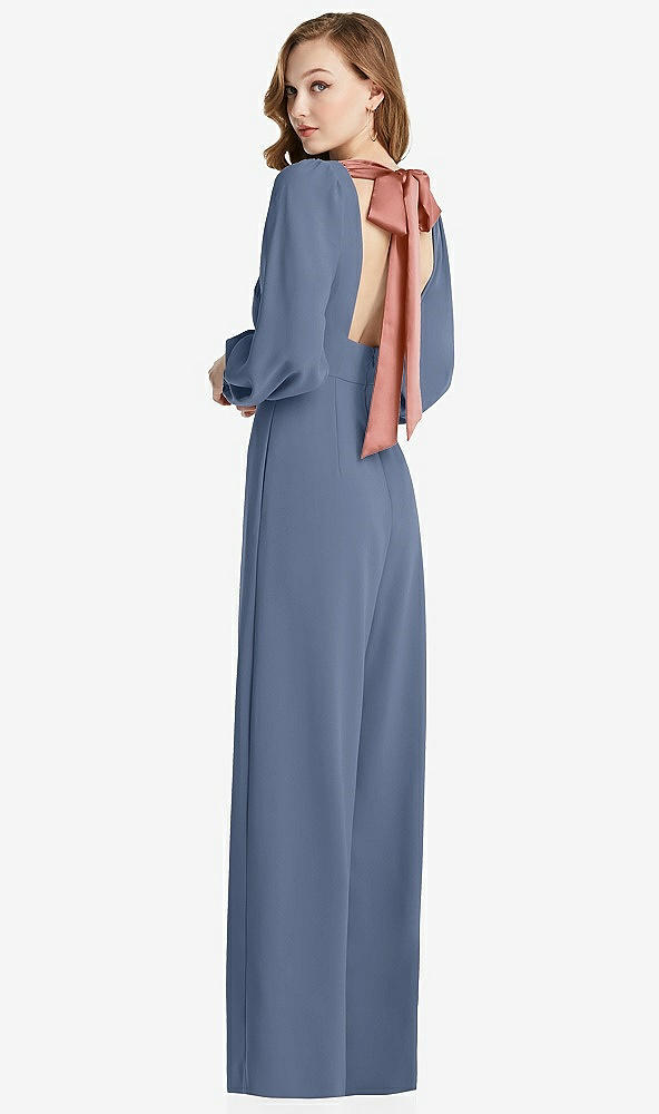 Front View - Larkspur Blue & Desert Rose Bishop Sleeve Open-Back Jumpsuit with Scarf Tie
