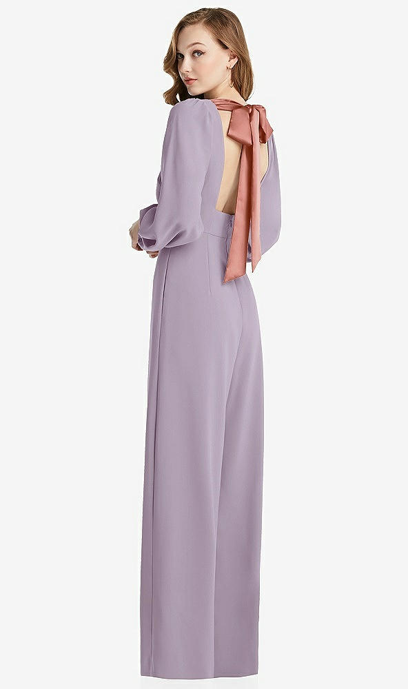 Front View - Lilac Haze & Desert Rose Bishop Sleeve Open-Back Jumpsuit with Scarf Tie