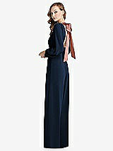 Alt View 1 Thumbnail - Midnight Navy & Desert Rose Bishop Sleeve Open-Back Jumpsuit with Scarf Tie