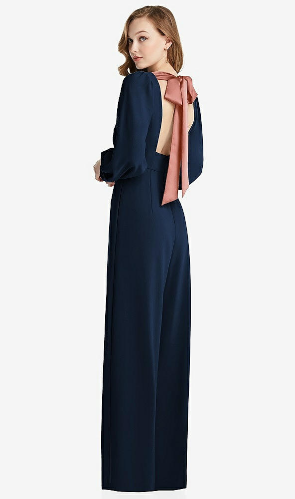 Front View - Midnight Navy & Desert Rose Bishop Sleeve Open-Back Jumpsuit with Scarf Tie