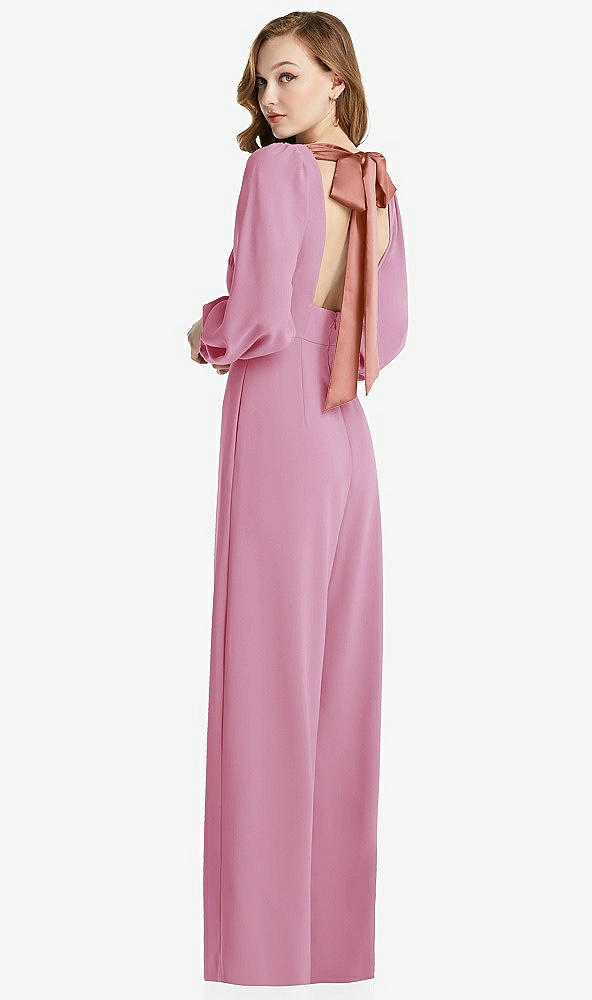Front View - Powder Pink & Desert Rose Bishop Sleeve Open-Back Jumpsuit with Scarf Tie