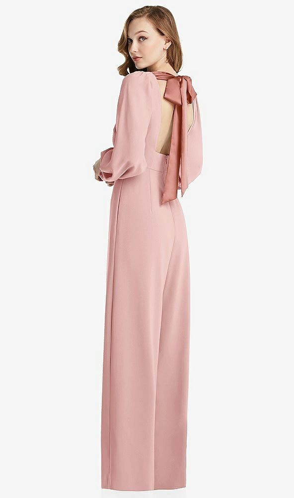 Front View - Rose & Desert Rose Bishop Sleeve Open-Back Jumpsuit with Scarf Tie