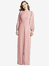 Rear View Thumbnail - Rose & Desert Rose Bishop Sleeve Open-Back Jumpsuit with Scarf Tie