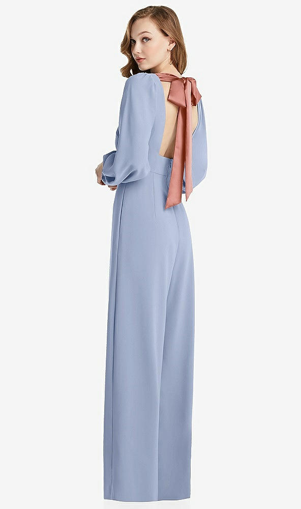 Front View - Sky Blue & Desert Rose Bishop Sleeve Open-Back Jumpsuit with Scarf Tie