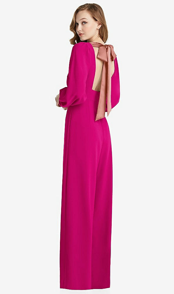 Front View - Think Pink & Desert Rose Bishop Sleeve Open-Back Jumpsuit with Scarf Tie