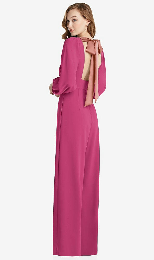 Front View - Tea Rose & Desert Rose Bishop Sleeve Open-Back Jumpsuit with Scarf Tie