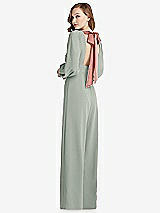 Front View Thumbnail - Willow Green & Desert Rose Bishop Sleeve Open-Back Jumpsuit with Scarf Tie