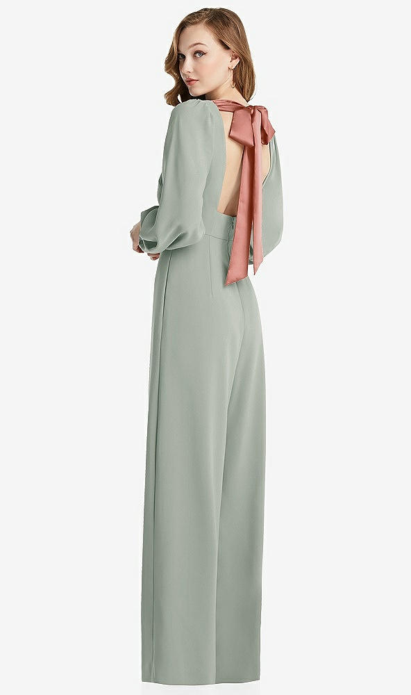 Front View - Willow Green & Desert Rose Bishop Sleeve Open-Back Jumpsuit with Scarf Tie