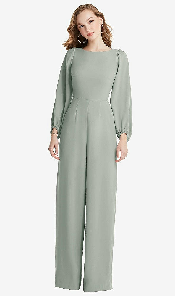 Back View - Willow Green & Desert Rose Bishop Sleeve Open-Back Jumpsuit with Scarf Tie