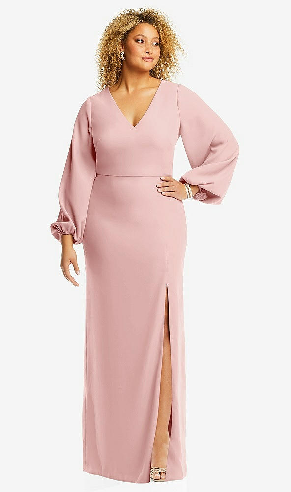 Front View - Rose Long Puff Sleeve V-Neck Trumpet Gown