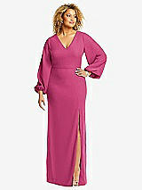 Front View Thumbnail - Tea Rose Long Puff Sleeve V-Neck Trumpet Gown
