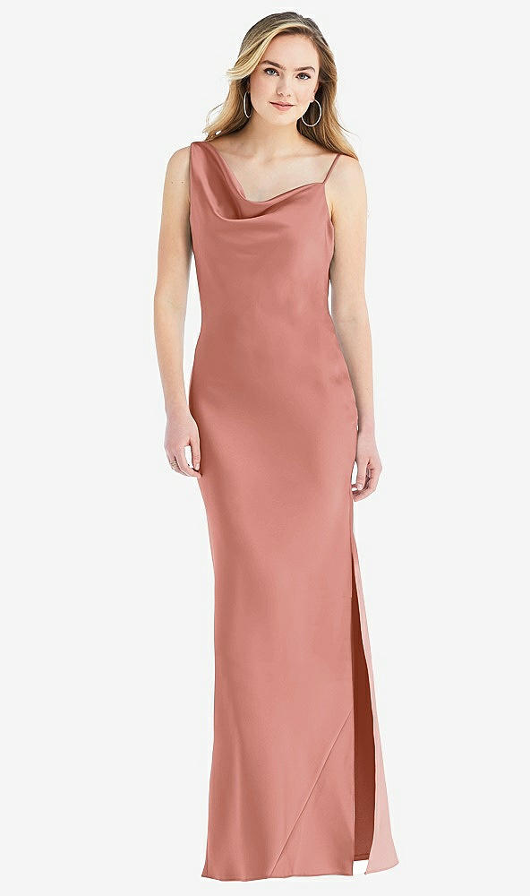 Front View - Desert Rose Asymmetrical One-Shoulder Cowl Maxi Slip Dress