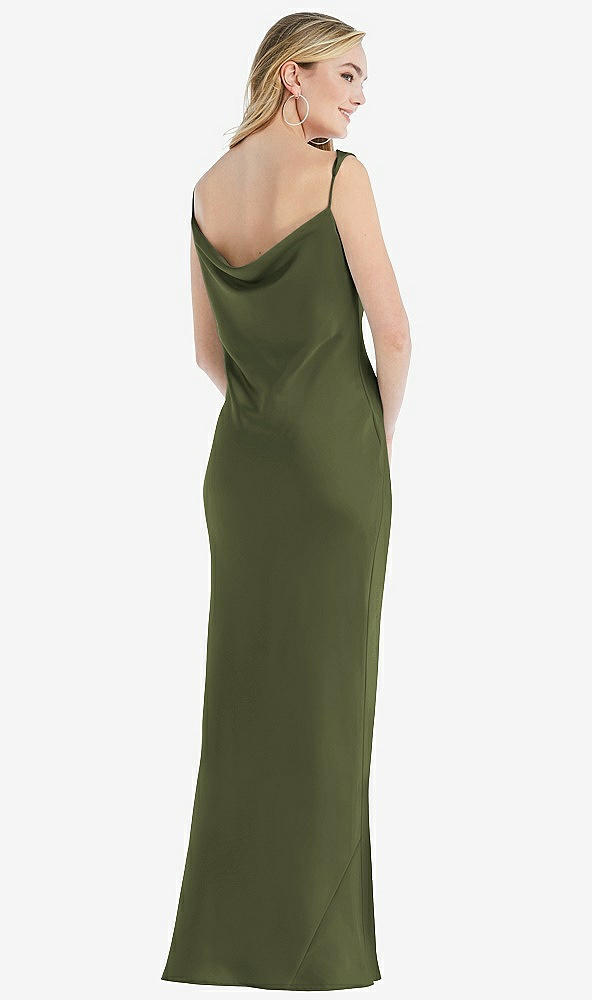 Back View - Olive Green Asymmetrical One-Shoulder Cowl Maxi Slip Dress