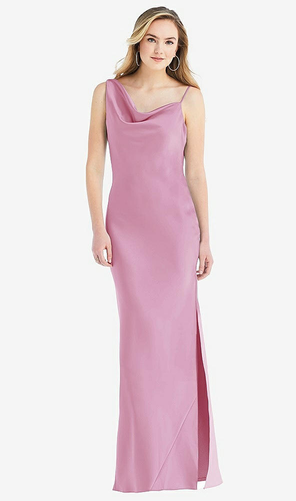 Front View - Powder Pink Asymmetrical One-Shoulder Cowl Maxi Slip Dress
