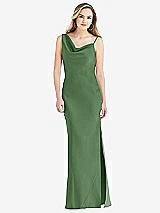 Front View Thumbnail - Vineyard Green Asymmetrical One-Shoulder Cowl Maxi Slip Dress