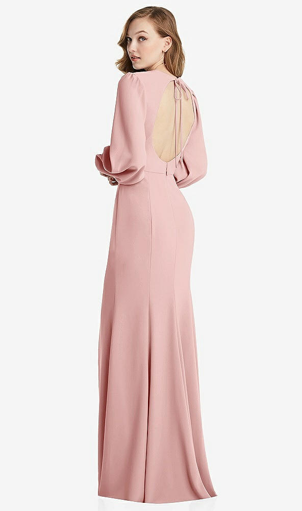 Front View - Rose Long Puff Sleeve Maxi Dress with Cutout Tie-Back