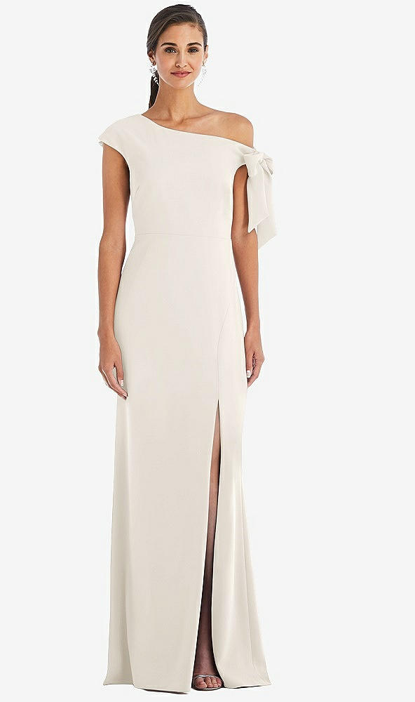 Front View - Ivory Off-the-Shoulder Tie Detail Trumpet Gown with Front Slit