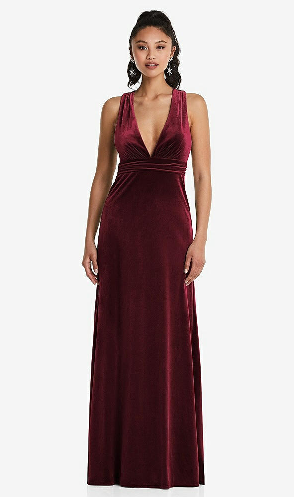 Front View - Cabernet Plunging Neckline Velvet Maxi Dress with Criss Cross Open-Back