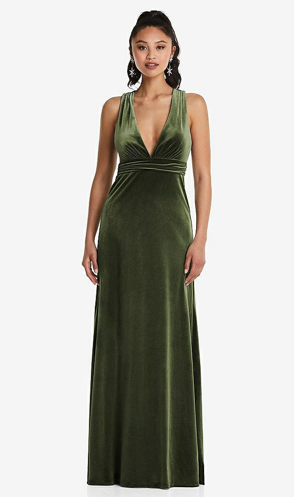Front View - Olive Green Plunging Neckline Velvet Maxi Dress with Criss Cross Open-Back