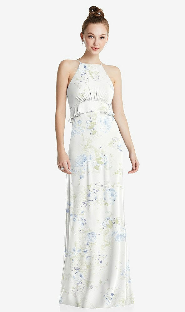 Front View - Bleu Garden Bias Ruffle Empire Waist Halter Maxi Dress with Adjustable Straps