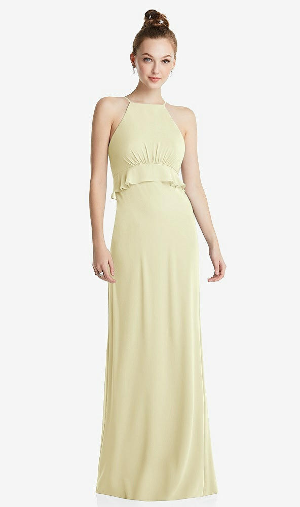 Front View - Butter Yellow Bias Ruffle Empire Waist Halter Maxi Dress with Adjustable Straps