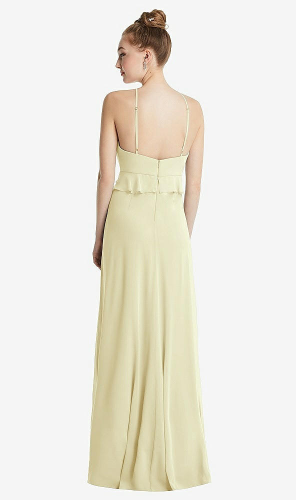 Back View - Butter Yellow Bias Ruffle Empire Waist Halter Maxi Dress with Adjustable Straps
