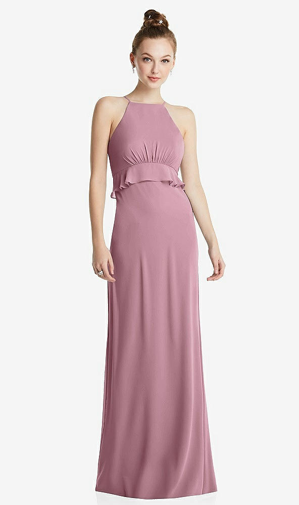 Front View - Dusty Pink Bias Ruffle Empire Waist Halter Maxi Dress with Adjustable Straps